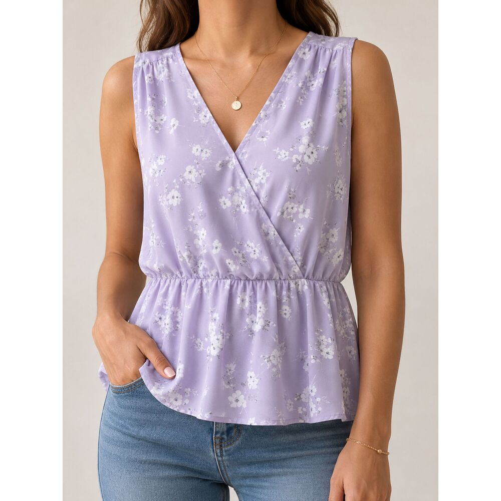 Pleione Lilac Floral Surplice Peplum Blouse
